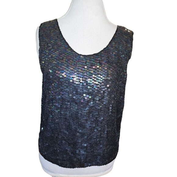 80s Womens Small Black Mermaid Sequins Tank Evening Blouse Silk Cocktail NWT - Picture 4 of 12